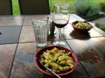 Dinner: neighbor's cucumber, our herbs, crab from the Puget Sound and pasta with our choices of wine. Excellent.
